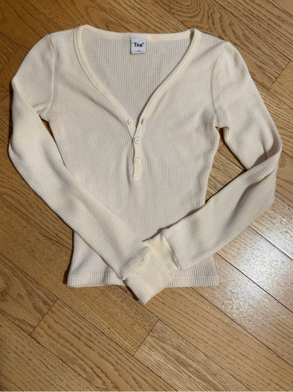 TNA Cream Ribbed V-Neck Henley Long Sleeve Top
